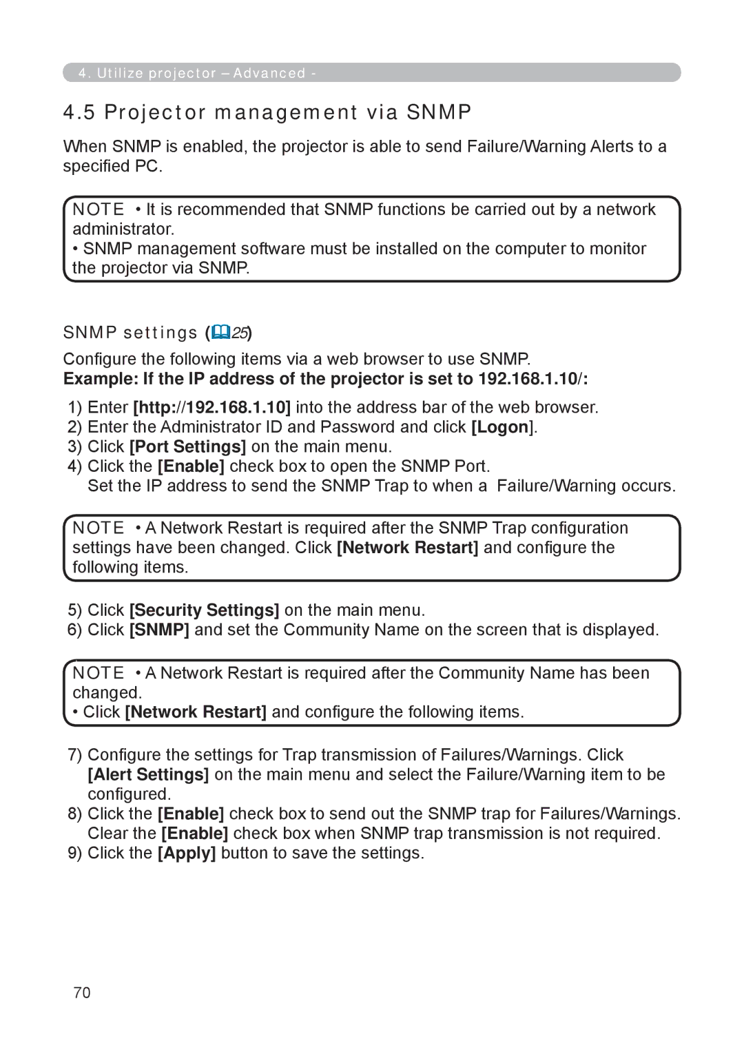 3M X62w manual Projector management via Snmp, Snmp settings, Conﬁgure the following items via a web browser to use Snmp 