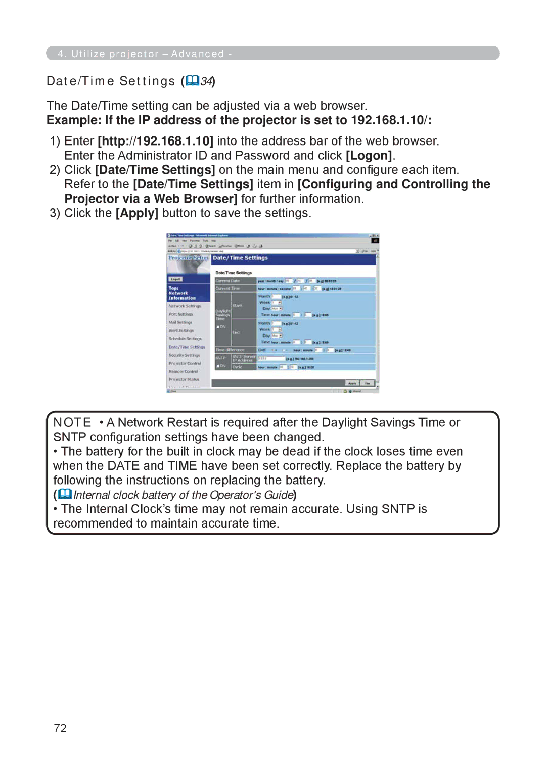 3M X62w manual Date/Time Settings, Date/Time setting can be adjusted via a web browser 