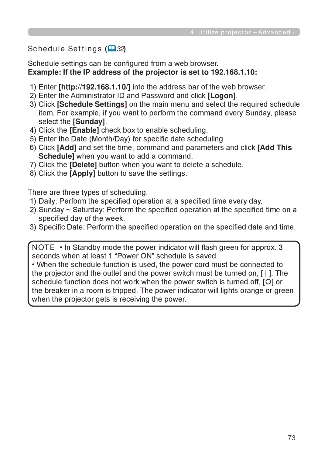 3M X62w manual Schedule Settings, Schedule settings can be conﬁgured from a web browser 