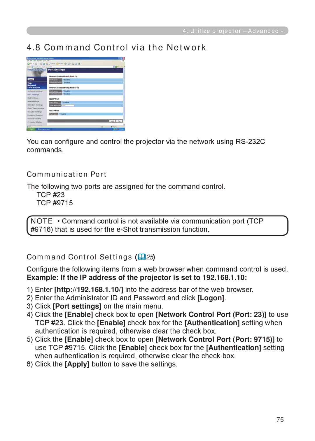 3M X62w manual Command Control via the Network, Communication Port, Command Control Settings 