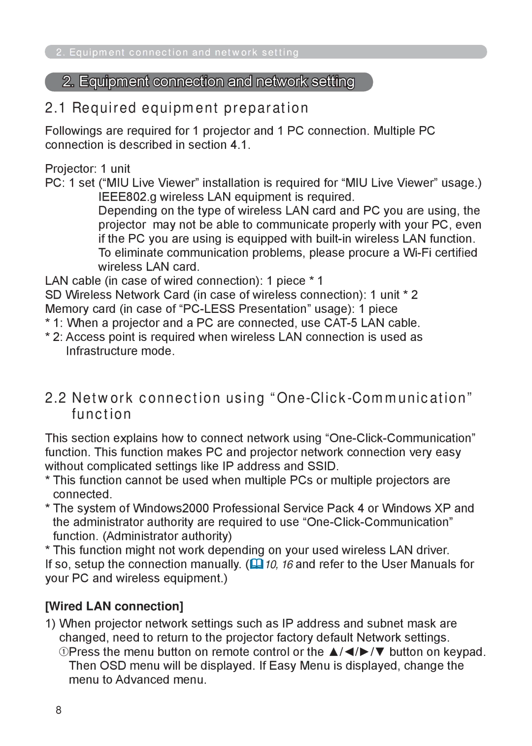 3M X62w Required equipment preparation, Network connection using One-Click-Communication function, Wired LAN connection 