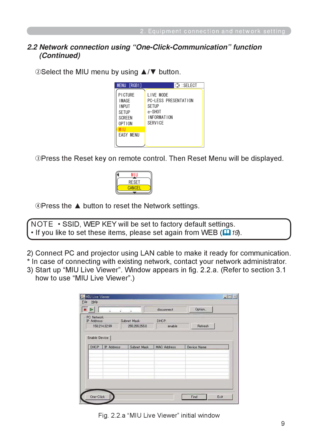 3M X62w manual Network connection using One-Click-Communication function, WSelect the MIU menu by using / button 