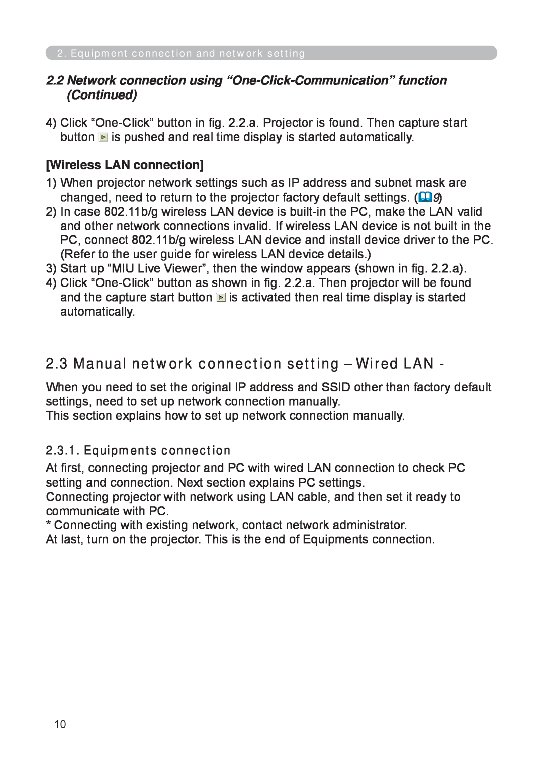 3M X62w manual Manual network connection setting – Wired LAN, Wireless LAN connection, Equipments connection 