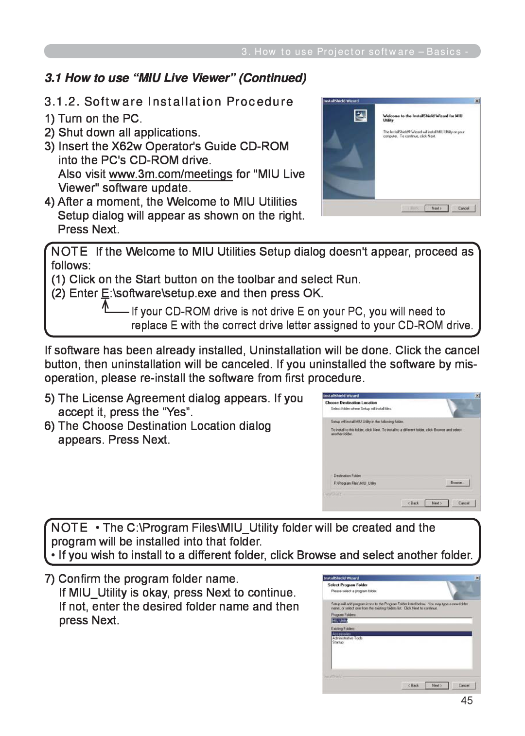 3M X62w manual 3.1How to use “MIU Live Viewer” Continued, Software Installation Procedure 