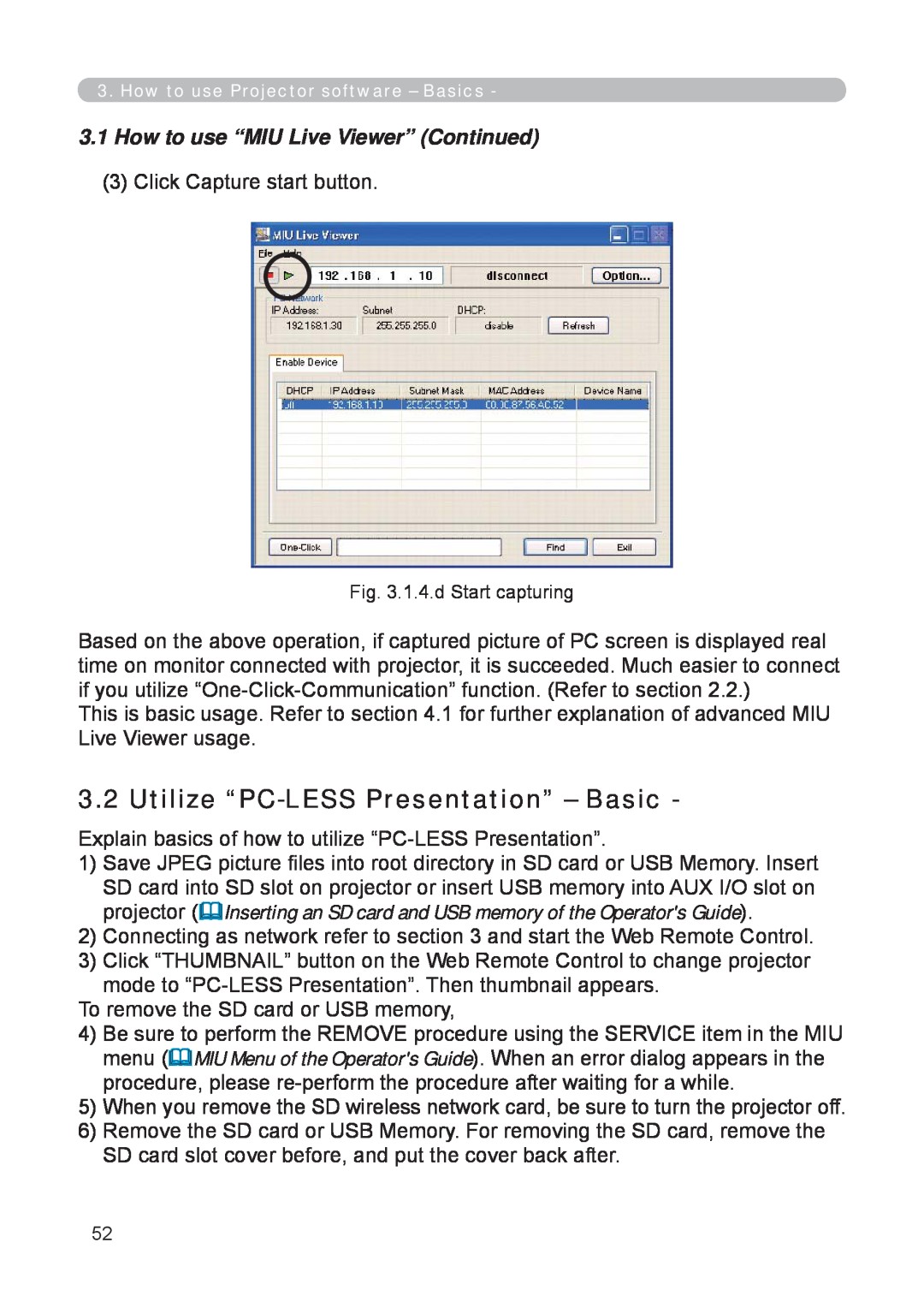 3M X62w manual Utilize “PC-LESSPresentation” – Basic, 3.1How to use “MIU Live Viewer” Continued 
