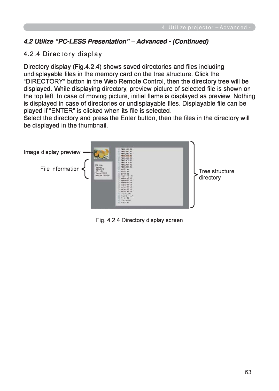 3M X62w manual Image display preview, File information, directory, 2.4 Directory display screen 