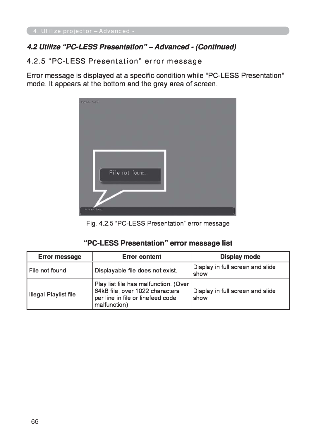 3M X62w 4.2.5 “PC-LESSPresentation” error message, “PC-LESSPresentation” error message list, Utilize projector – Advanced 
