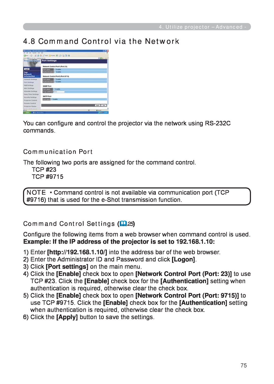 3M X62w manual Command Control via the Network, Communication Port, Command Control Settings 