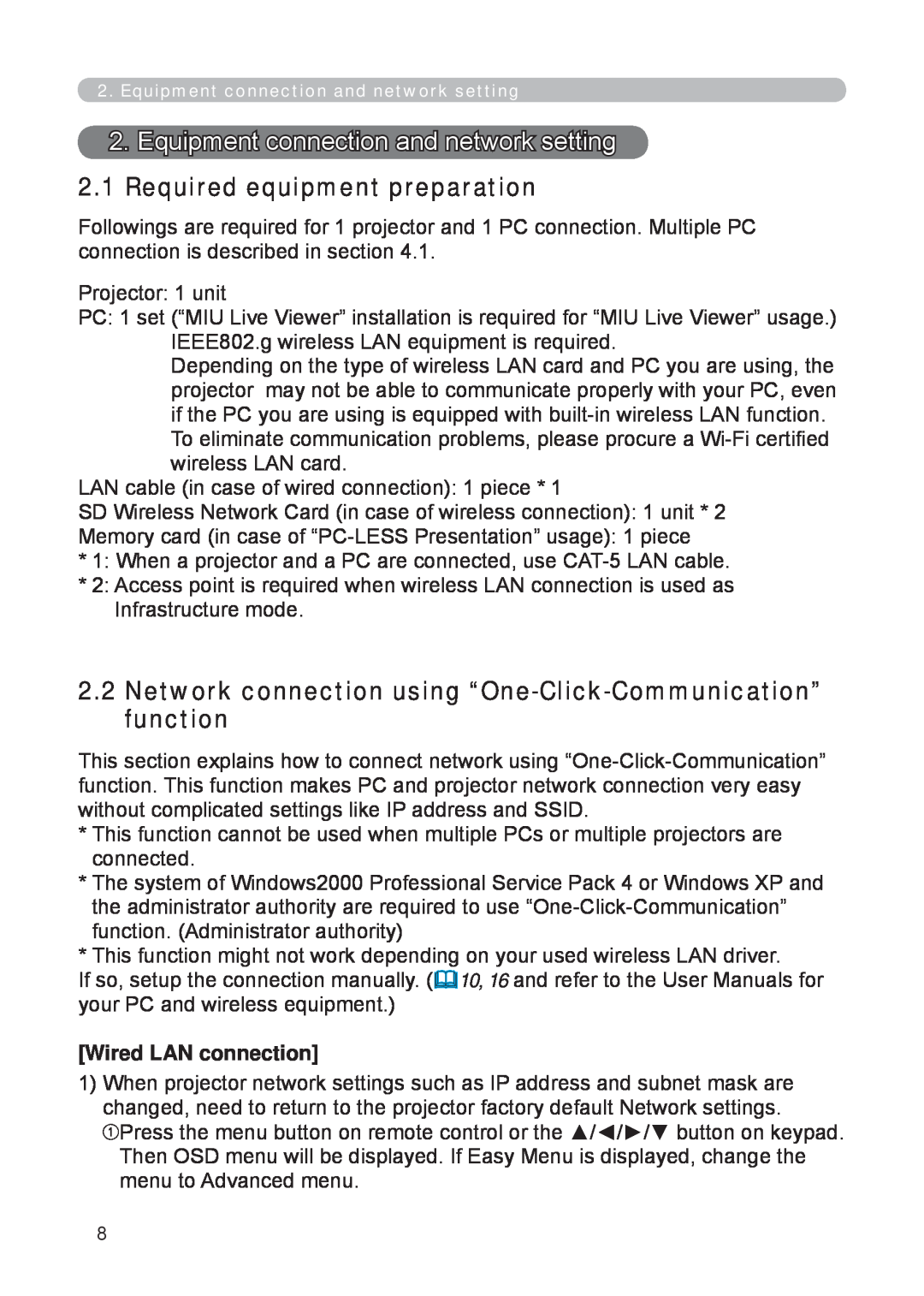3M X62w manual Equipment connection and network setting, Required equipment preparation, Wired LAN connection 