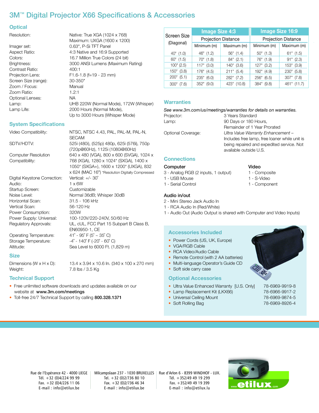 3M X66 warranty Optical, System Speciﬁcations, Size, Technical Support, Warranties, Connections, Accessories Included 