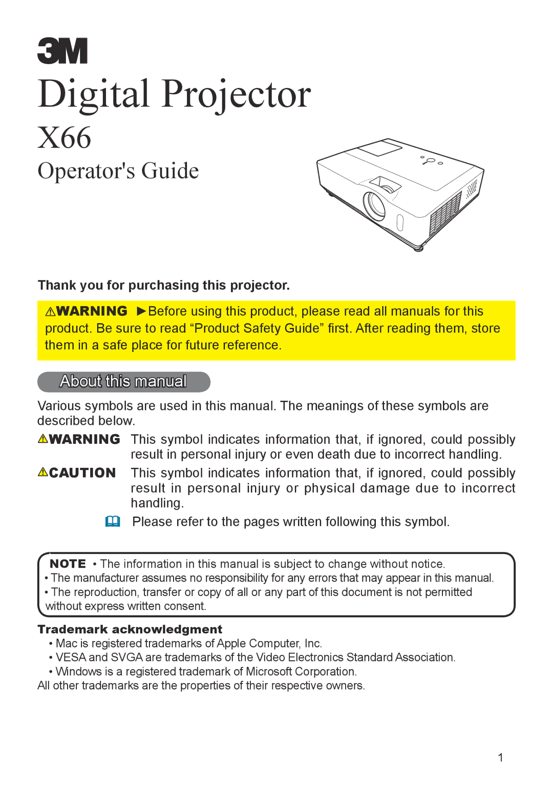 3M X66 manual About this manual, Thank you for purchasing this projector, Trademark acknowledgment 