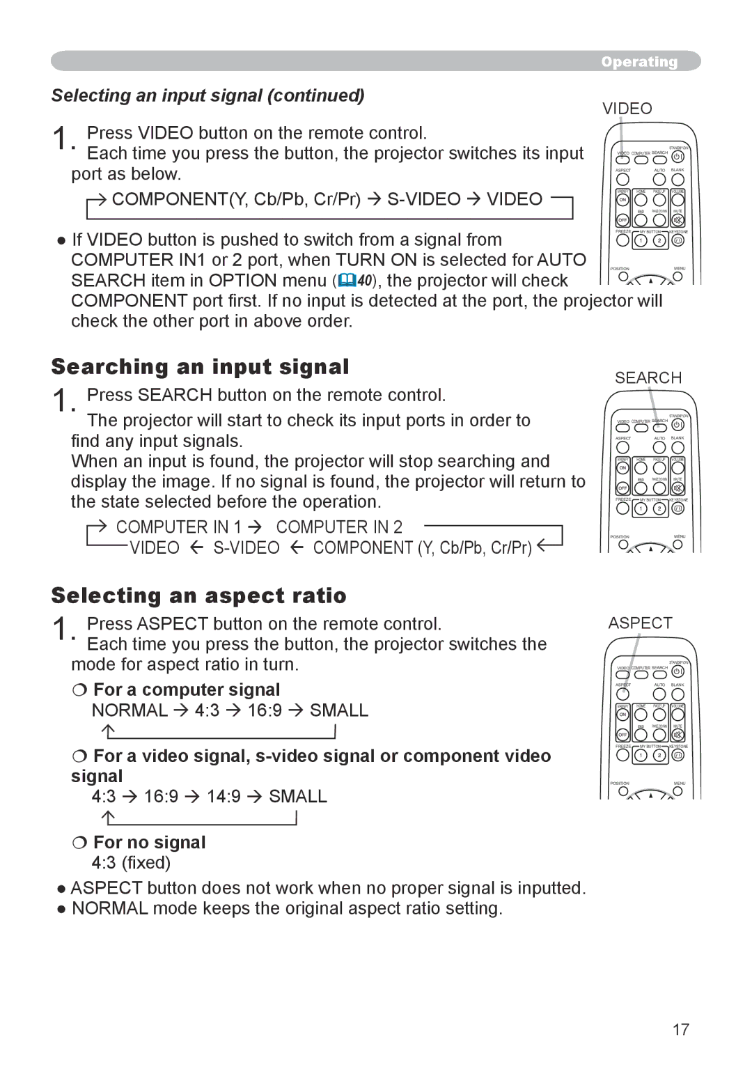 3M X66 manual Searching an input signal, Selecting an aspect ratio, Selecting an input signal,  For a computer signal 