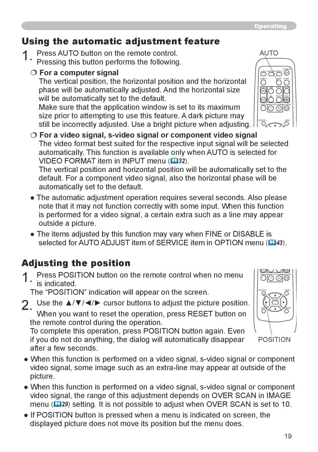 3M X66 manual Using the automatic adjustment feature, Adjusting the position, Auto, Position 