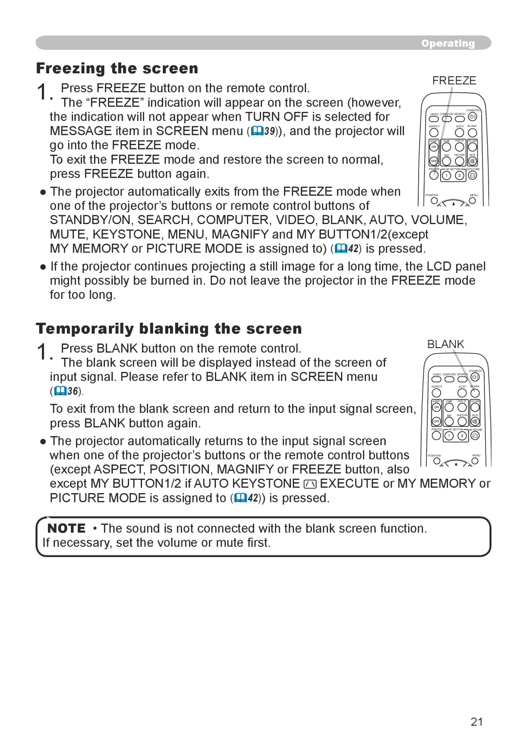 3M X66 manual Freezing the screen, Temporarily blanking the screen, Freeze, Blank 