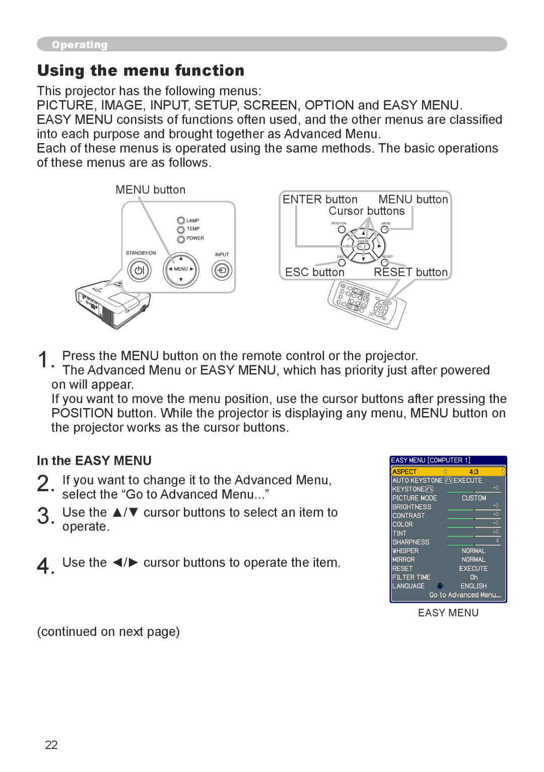 3M X66 manual Using the menu function, Easy Menu 