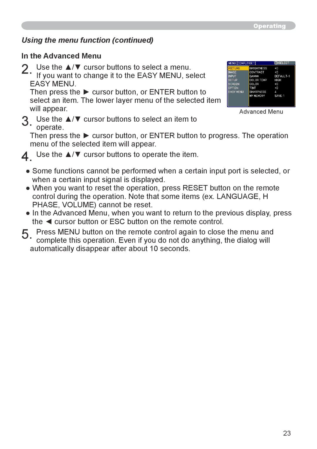 3M X66 manual Using the menu function, Advanced Menu 