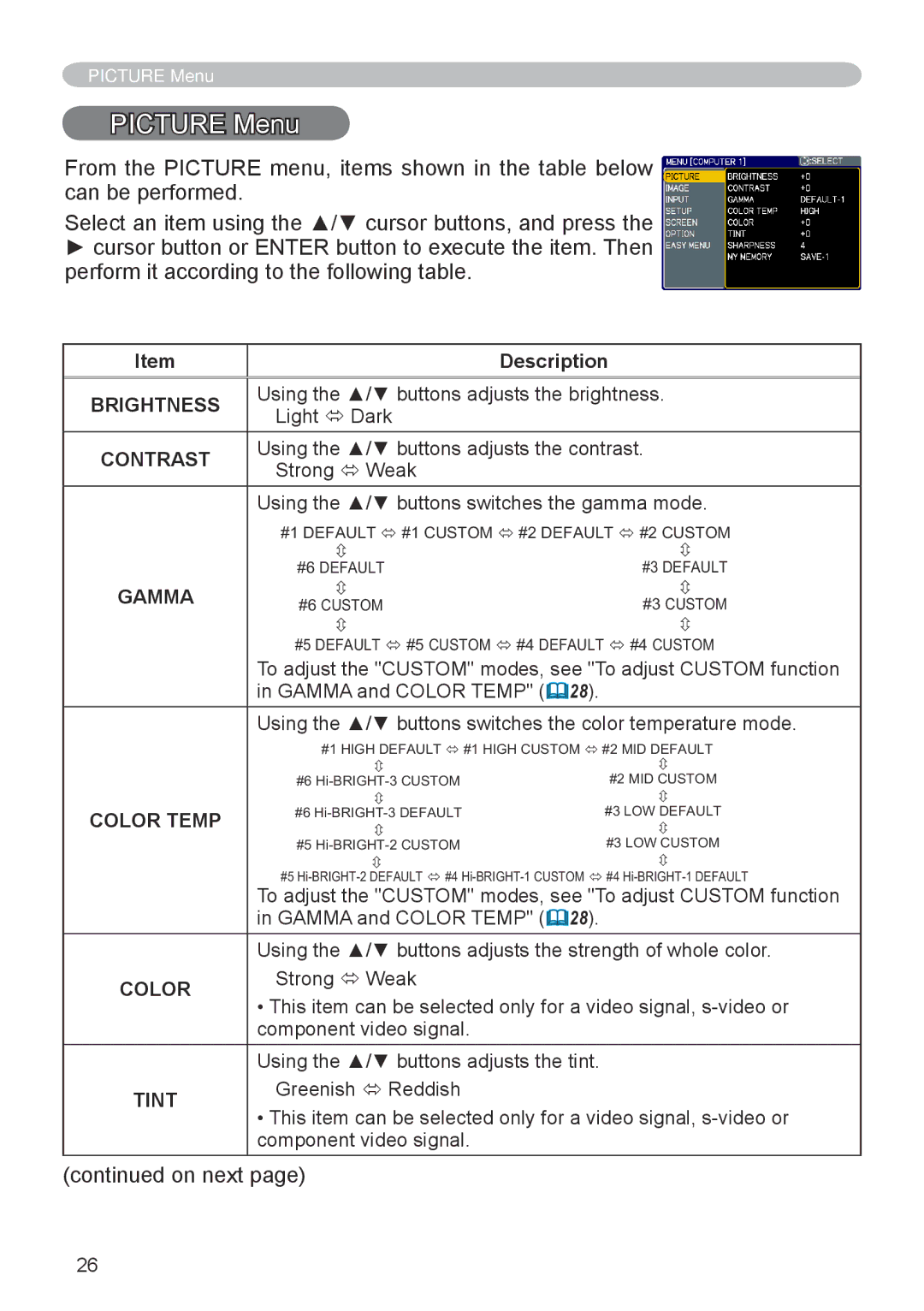 3M X66 manual Picture Menu, Gamma, Color Temp 