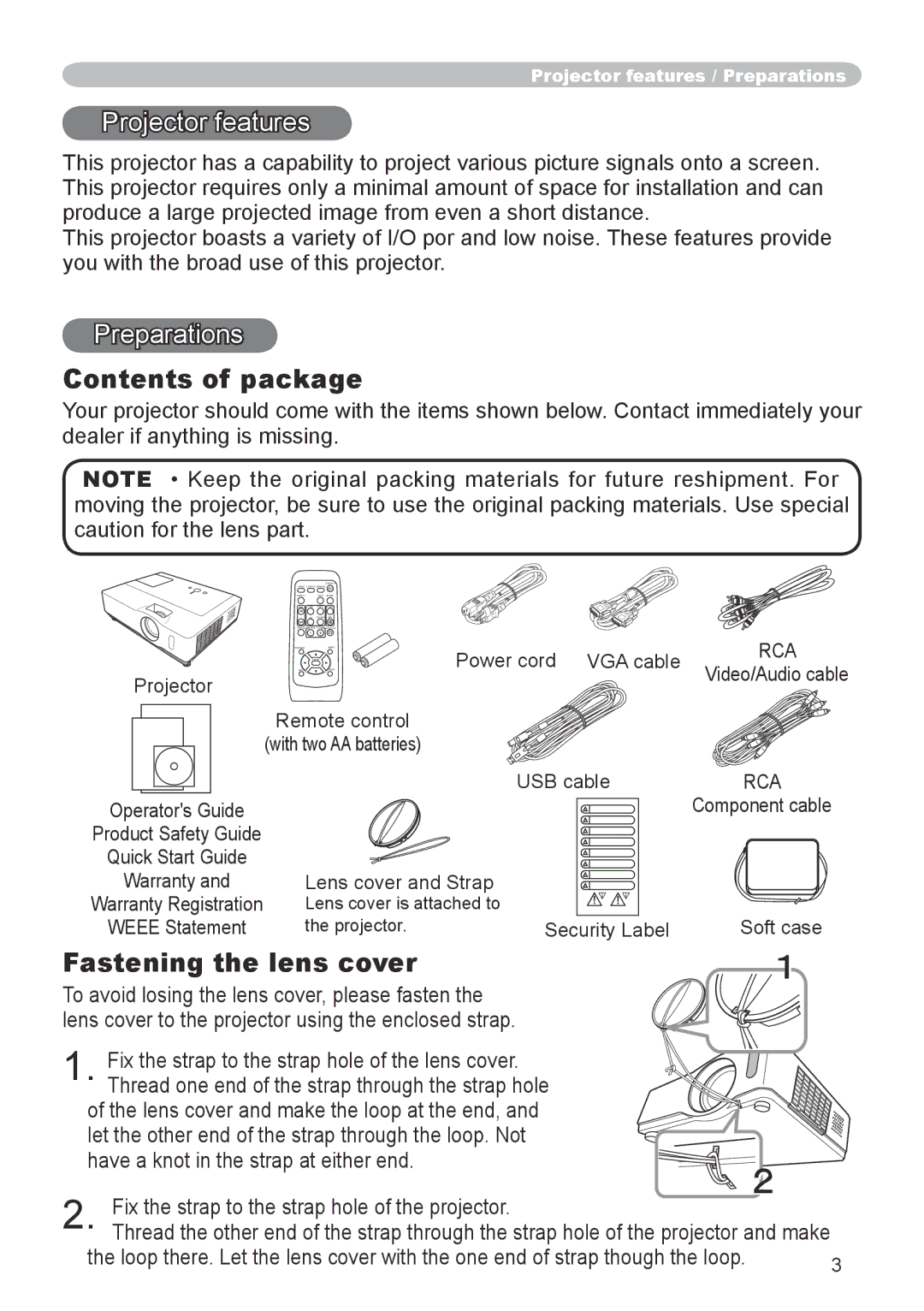 3M X66 manual Contents of package, Fastening the lens cover 