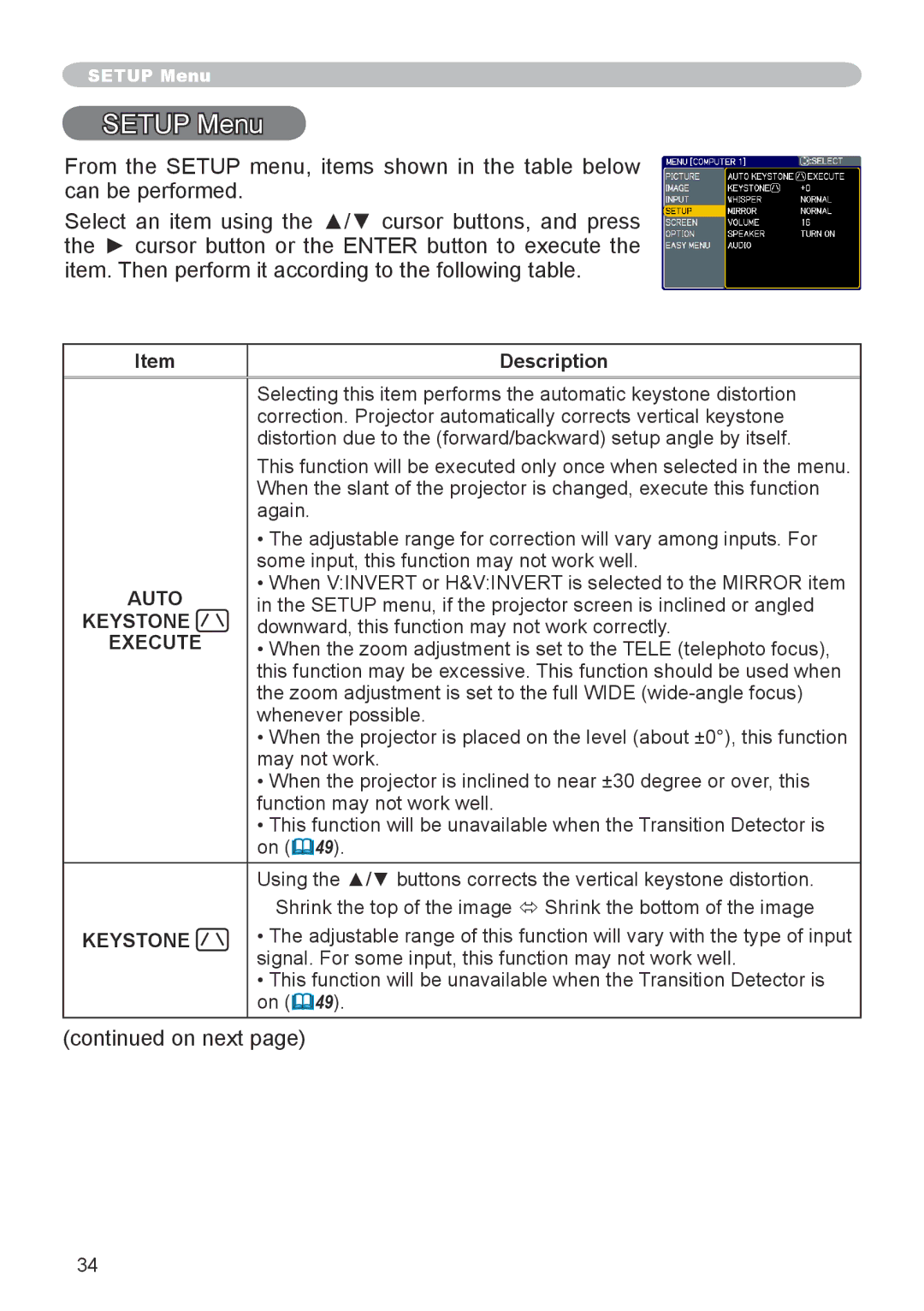 3M X66 manual Setup Menu, Auto 