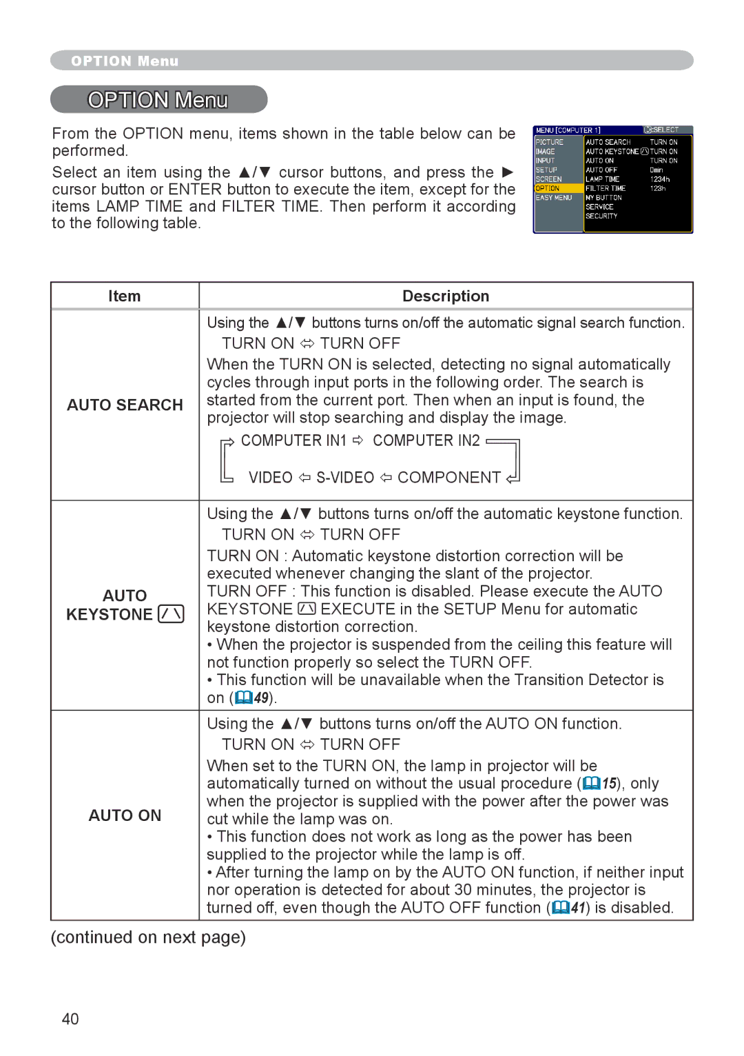 3M X66 manual Option Menu, Auto Search, Auto on 