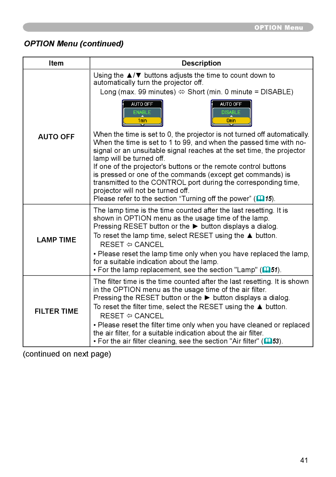 3M X66 manual Option Menu, Auto OFF, Lamp Time 