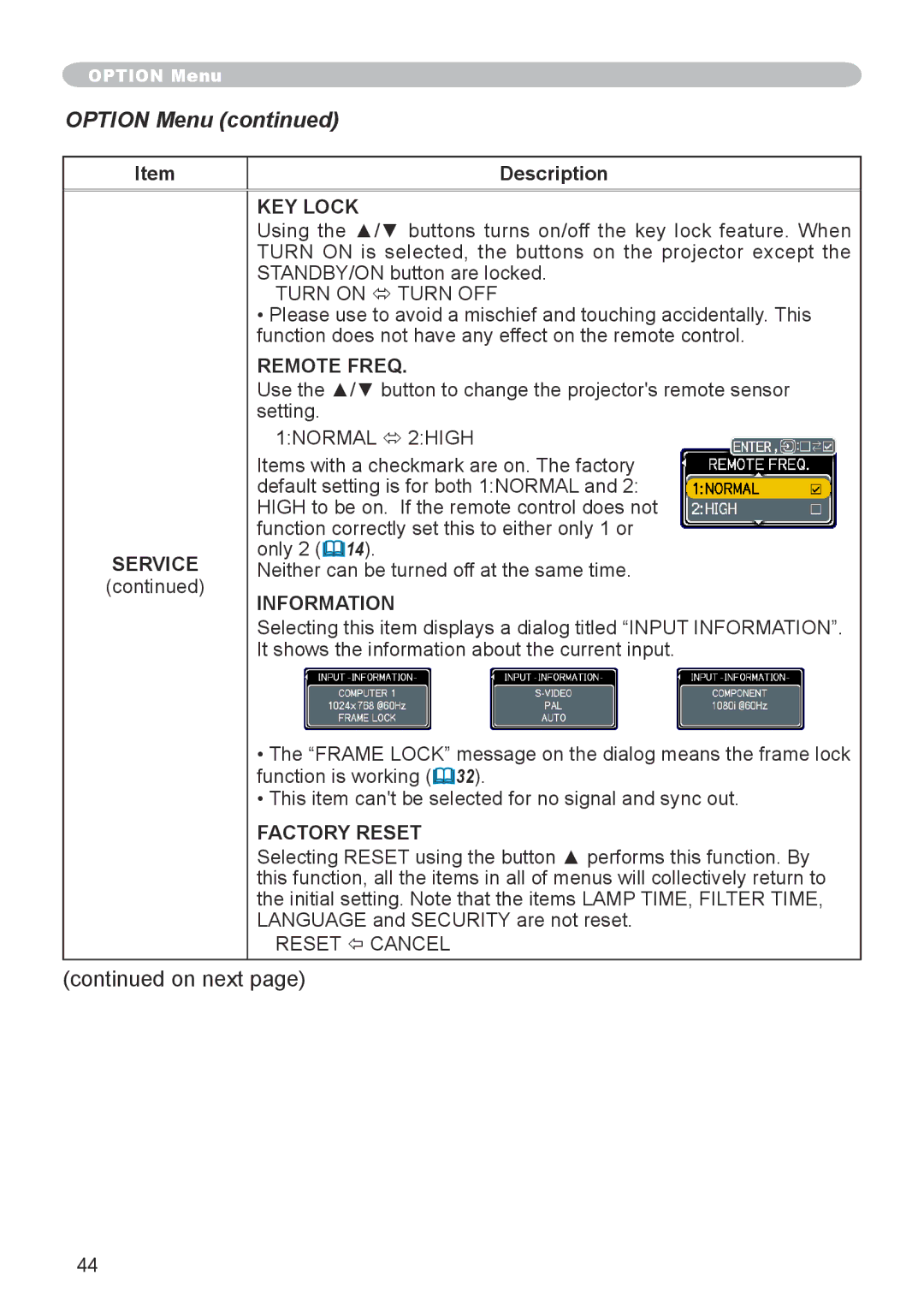 3M X66 manual KEY Lock, Remote Freq, Information, Factory Reset 