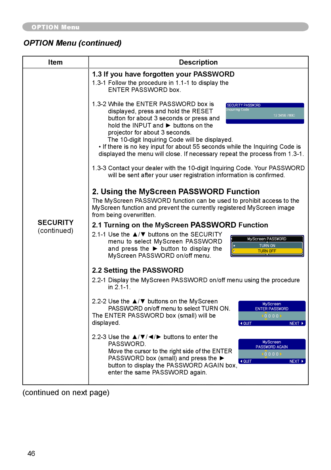 3M X66 manual Using the MyScreen Password Function, If you have forgotten your Password, Setting the Password 