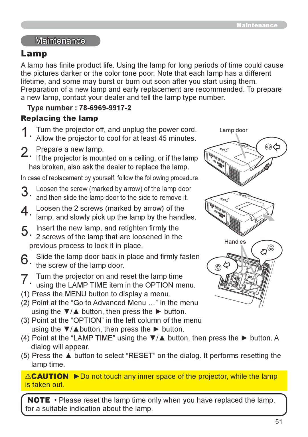 3M X66 manual Maintenance, Lamp, Type number Replacing the lamp 