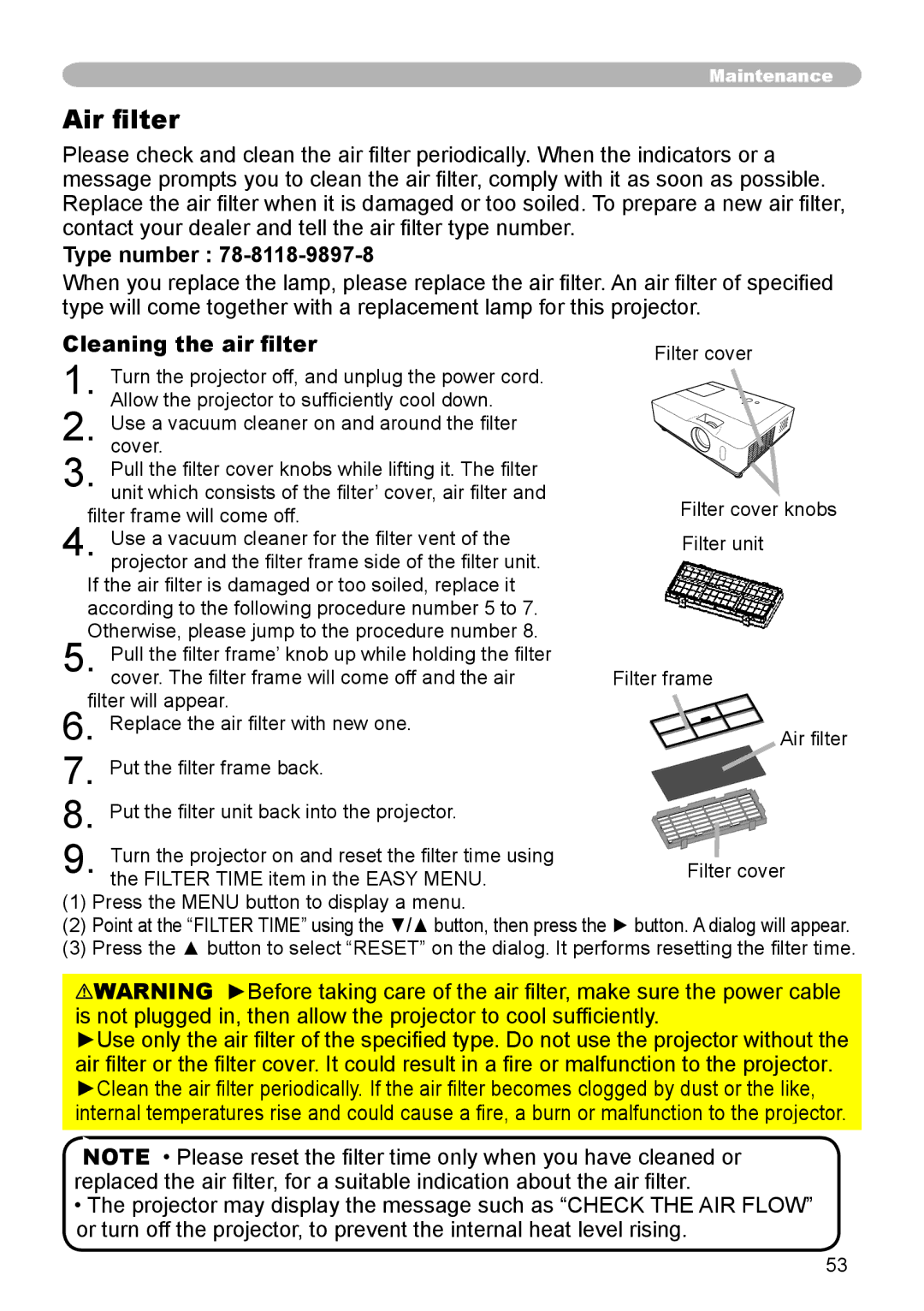 3M X66 manual Air filter, Type number, Cleaning the air filter 