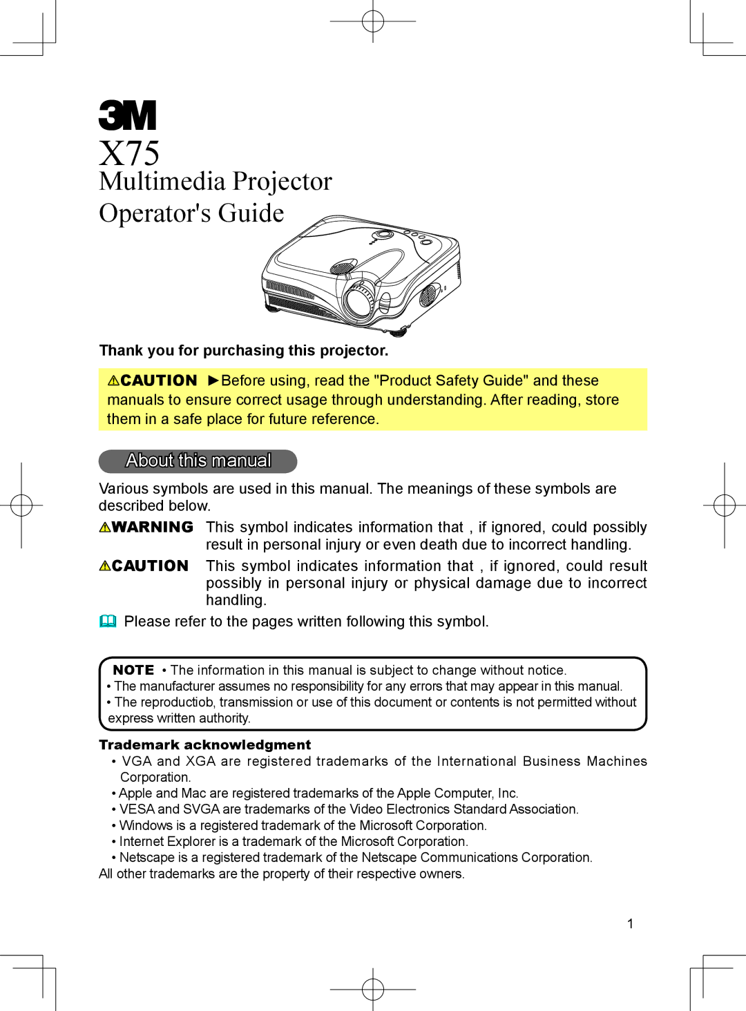 3M X75 manual About this manual, Thank you for purchasing this projector, Trademark acknowledgment 