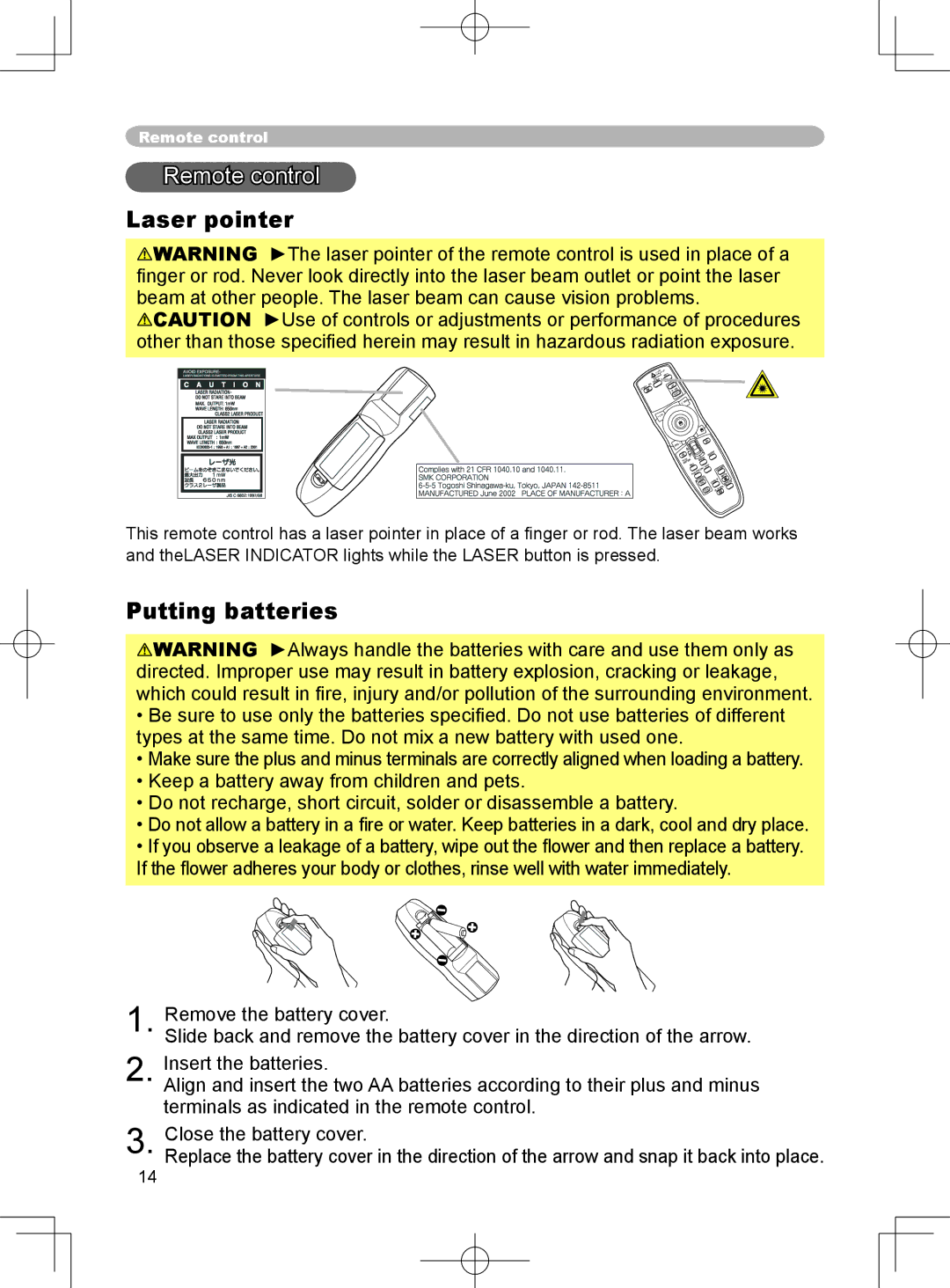 3M X75 manual Remote control, Laser pointer, Putting batteries 