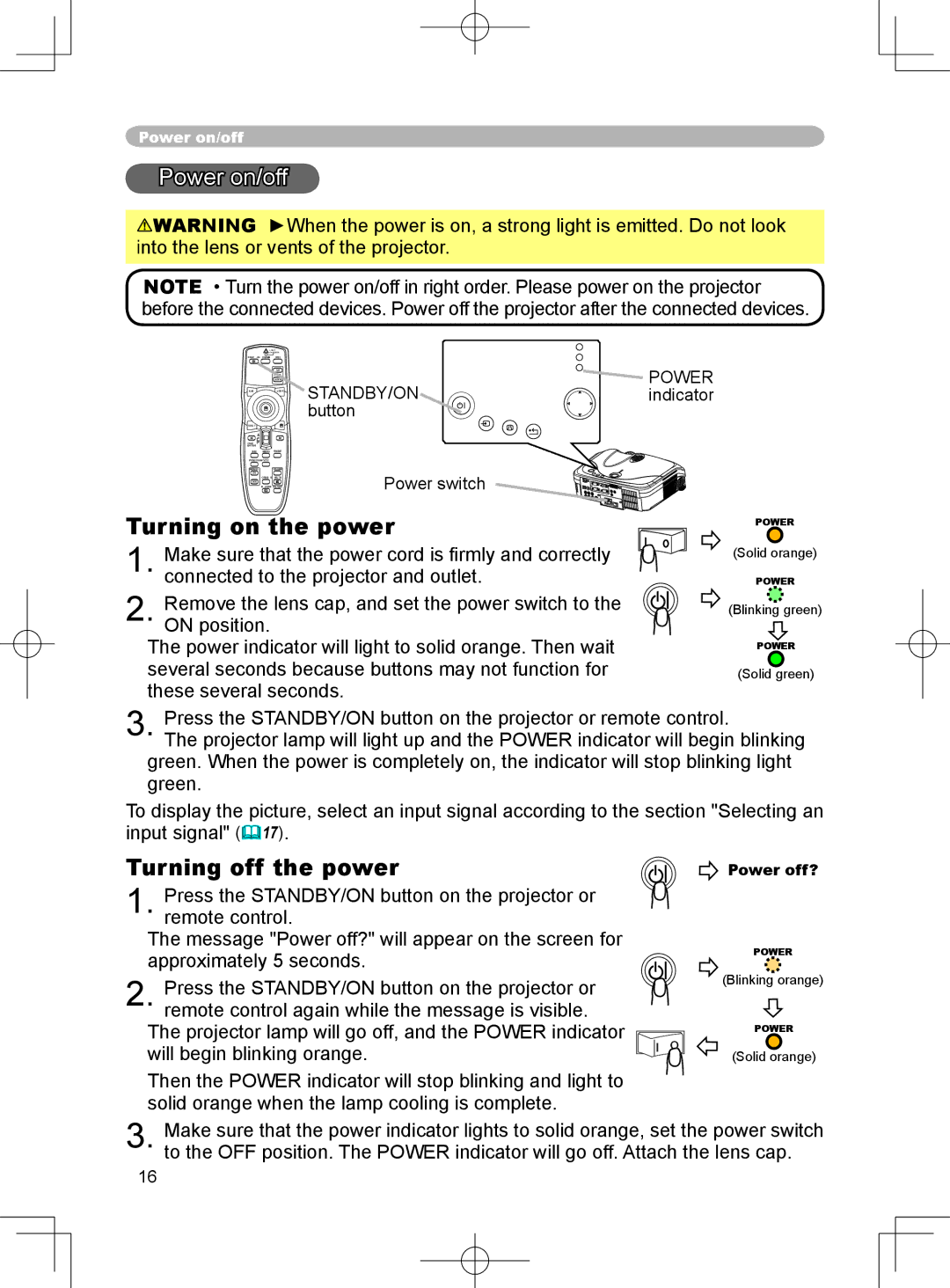 3M X75 manual Power on/off, Turning on the power, Turning off the power, Standby/On, Button 