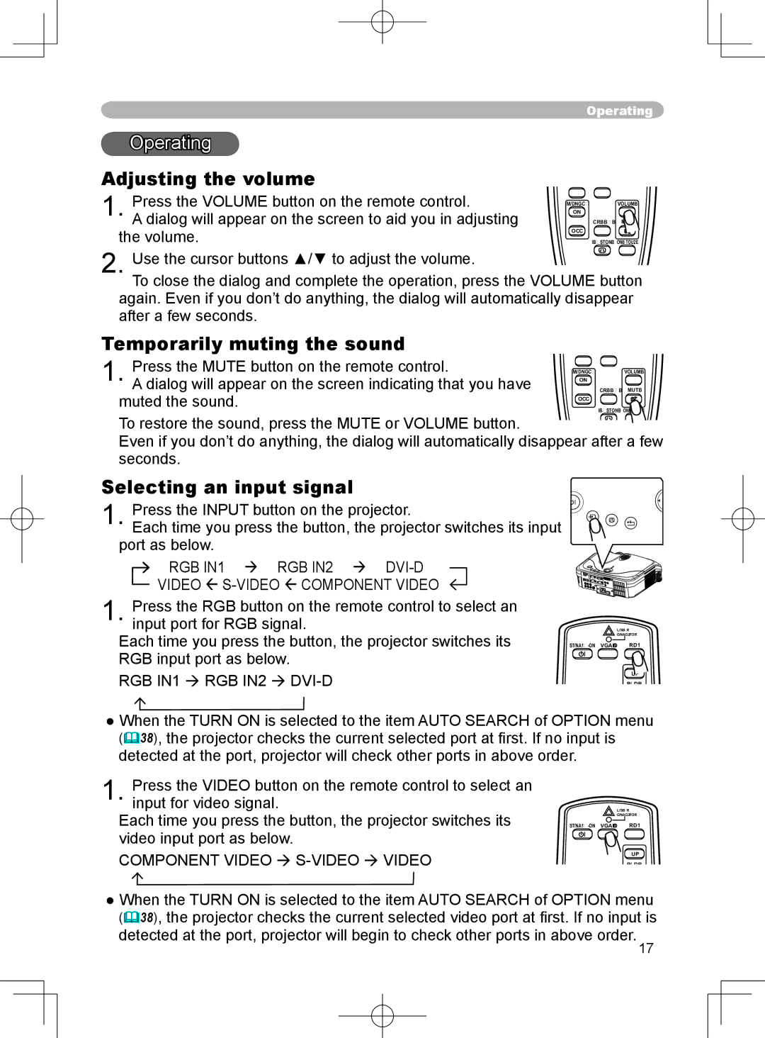 3M X75 manual Operating, Adjusting the volume, Temporarily muting the sound, Selecting an input signal 