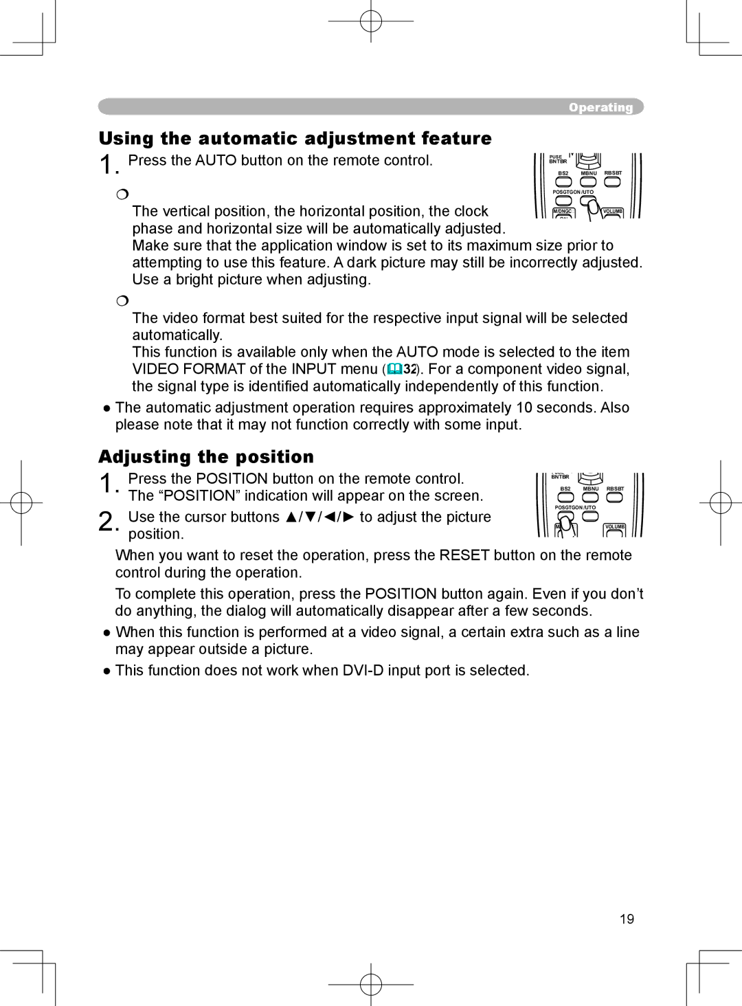 3M X75 manual Using the automatic adjustment feature, Adjusting the position,  At a video signal 