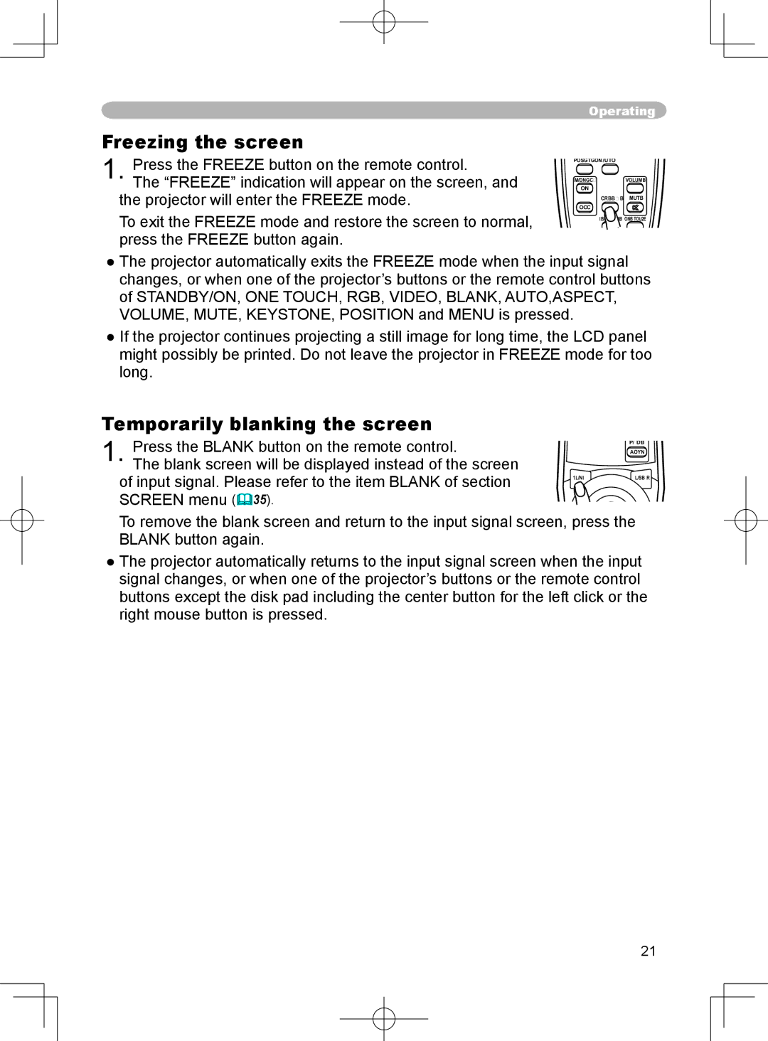 3M X75 manual Freezing the screen, Temporarily blanking the screen 