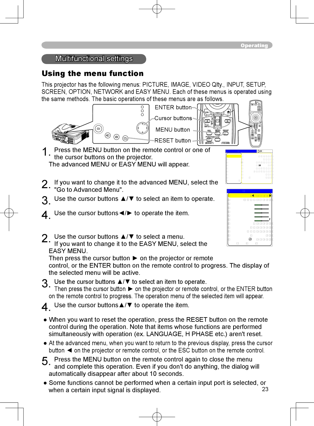 3M X75 manual Multifunctional settings, Using the menu function, At the Easy Menu, At the advanced Menu 