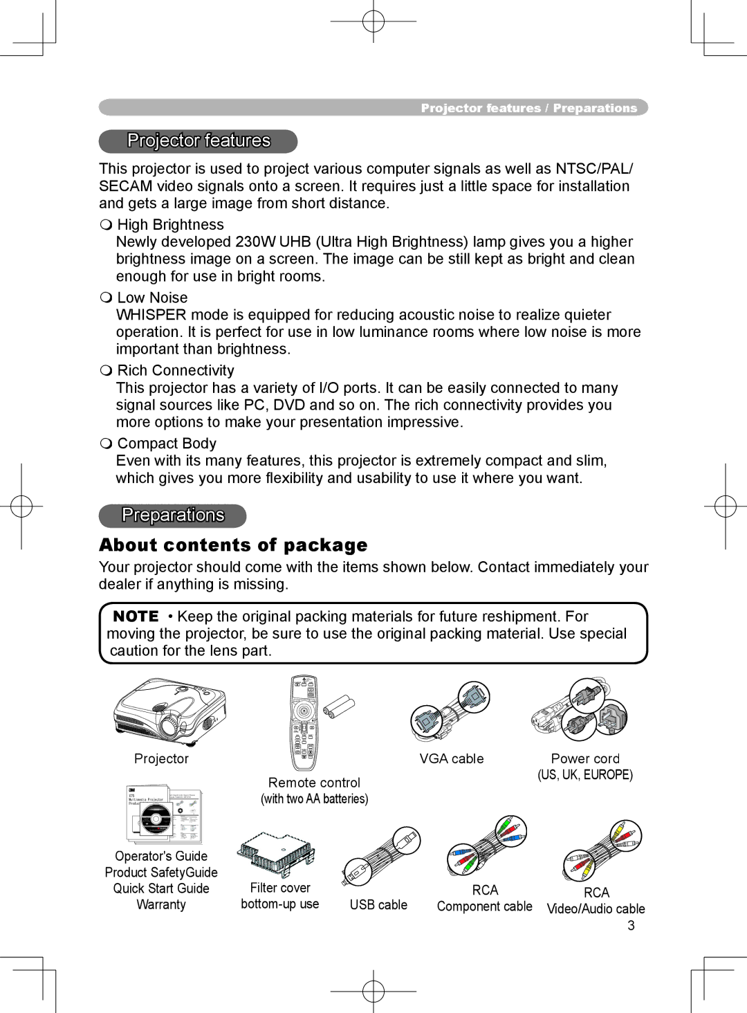 3M X75 manual About contents of package 