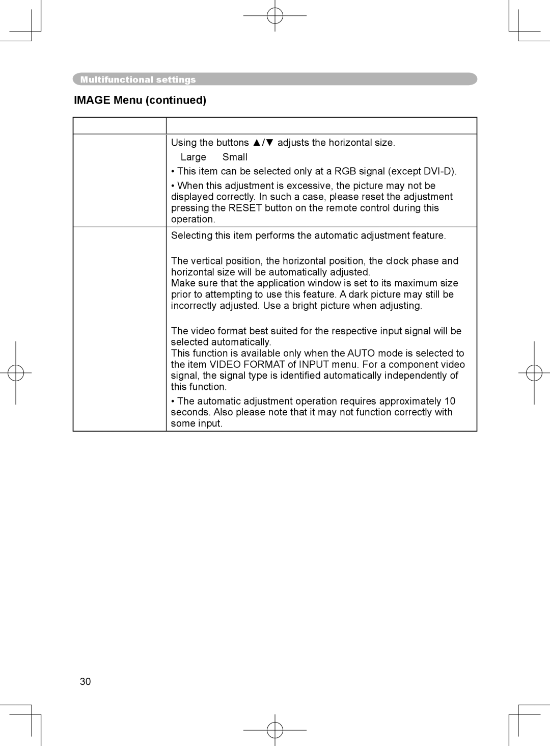 3M X75 manual Image Menu, Size Auto Adjust Execute, At a RGB signal, At a video signal 