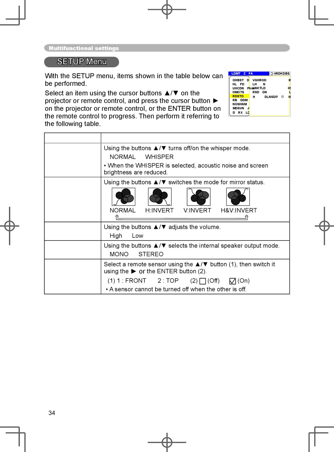 3M X75 manual Setup Menu, Whisper Mirror Volume Stereo IR Remote, Normal  Whisper, Normal  Hinvert  Vinvert  H&VINVERT 