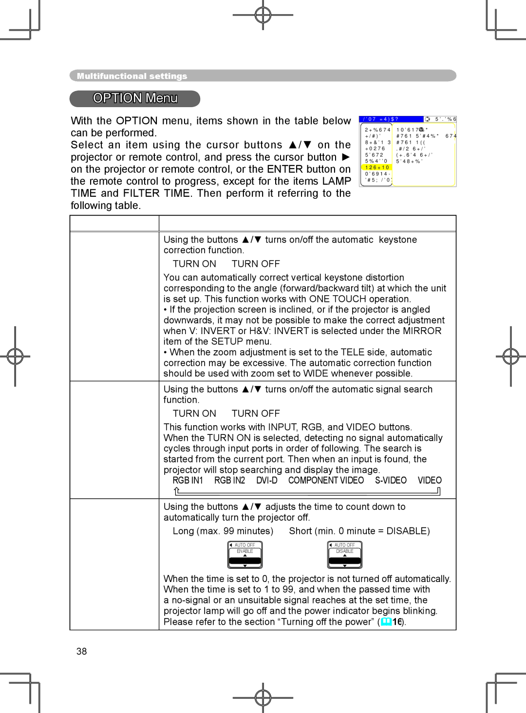 3M X75 manual Option Menu, ONE Touch Auto Search Auto OFF 