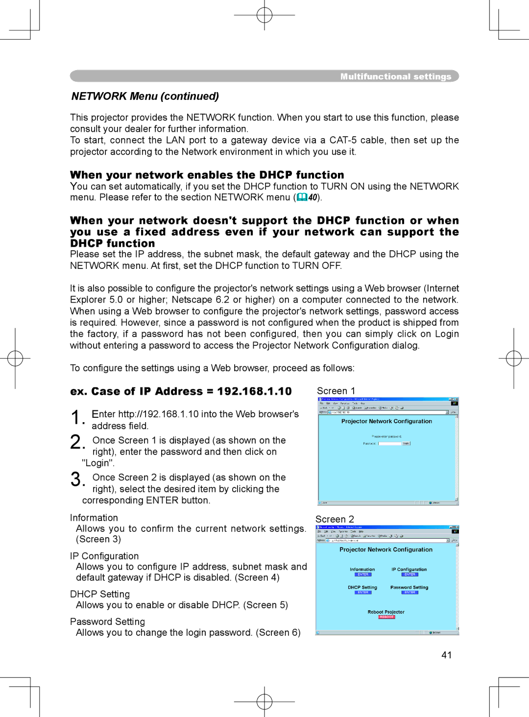 3M X75 manual Network Menu, When your network enables the Dhcp function, Ex. Case of IP Address = 