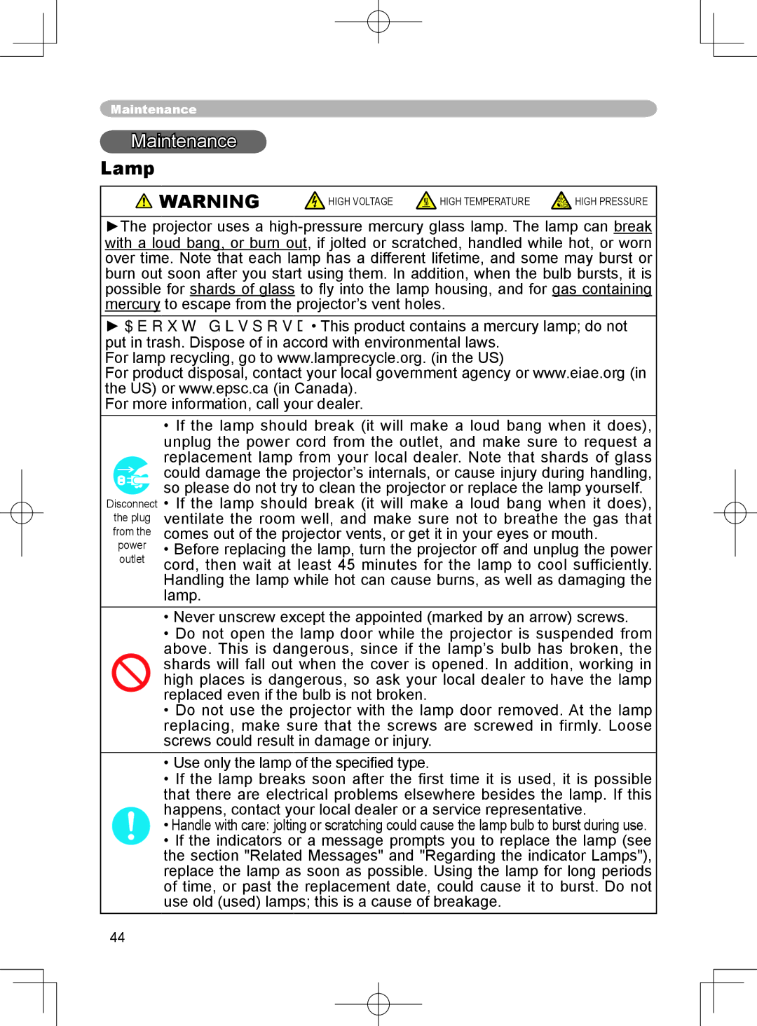 3M X75 manual Maintenance, Lamp 