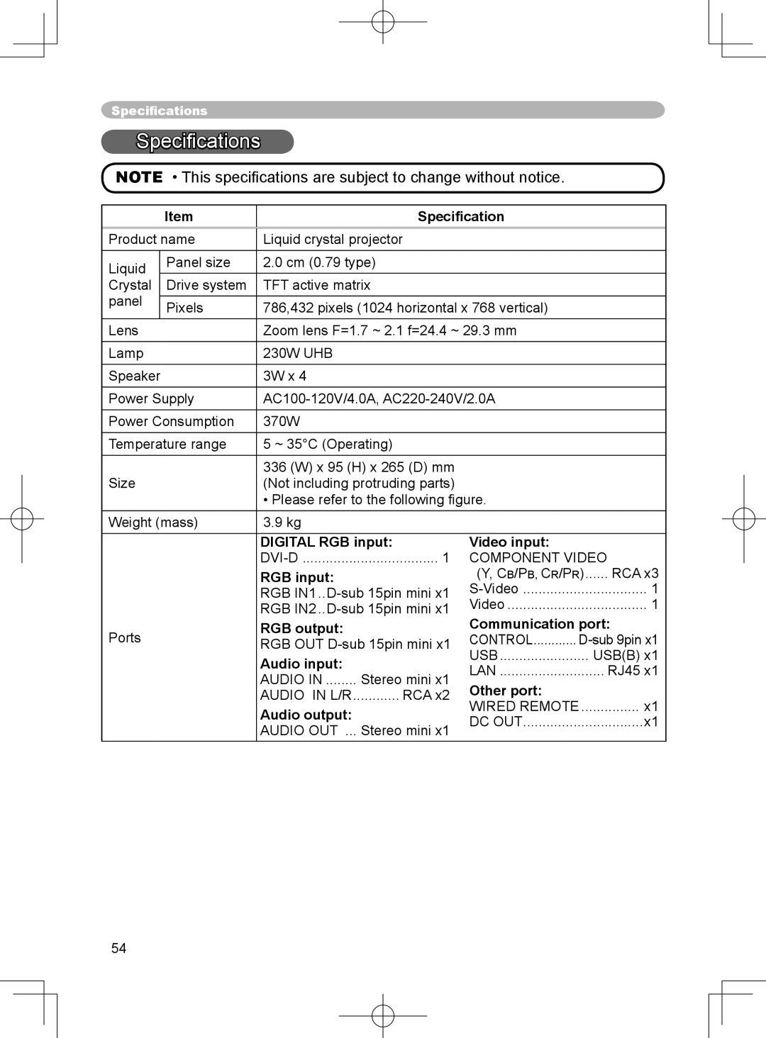 3M X75 Speciﬁcation, Digital RGB input, RGB output, Audio input, Audio output, Video input, Communication port, Other port 