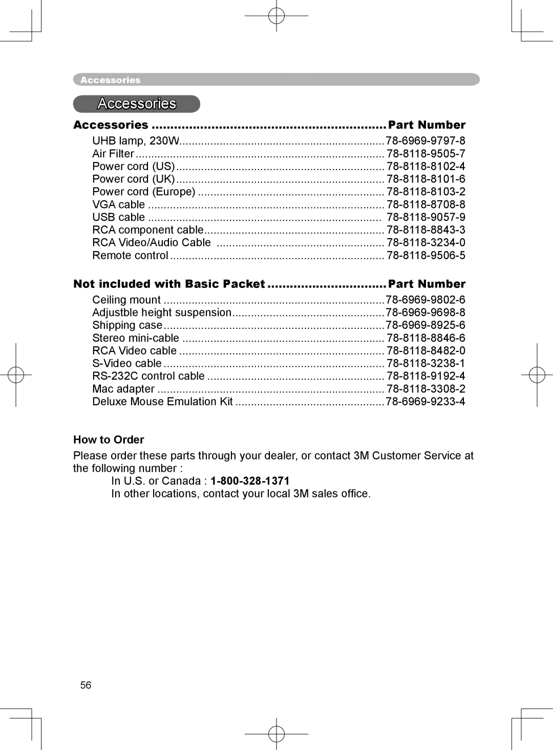 3M X75 manual Accessories Part Number, Not included with Basic Packet Part Number, How to Order 