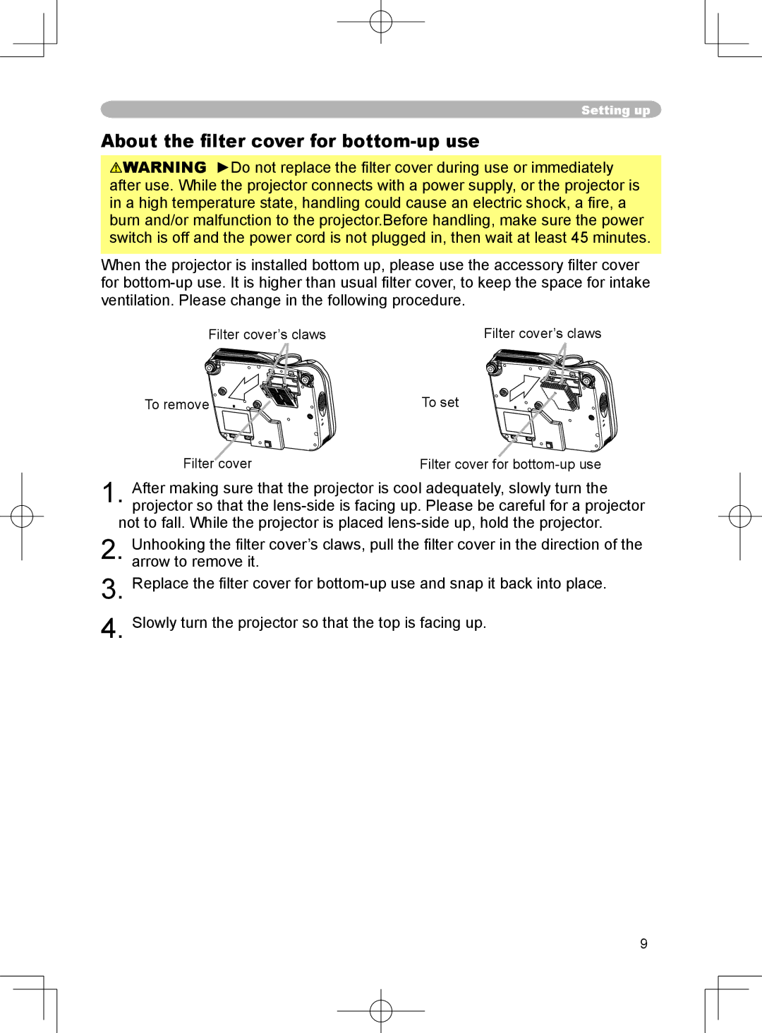 3M X75 manual About the ﬁlter cover for bottom-up use 