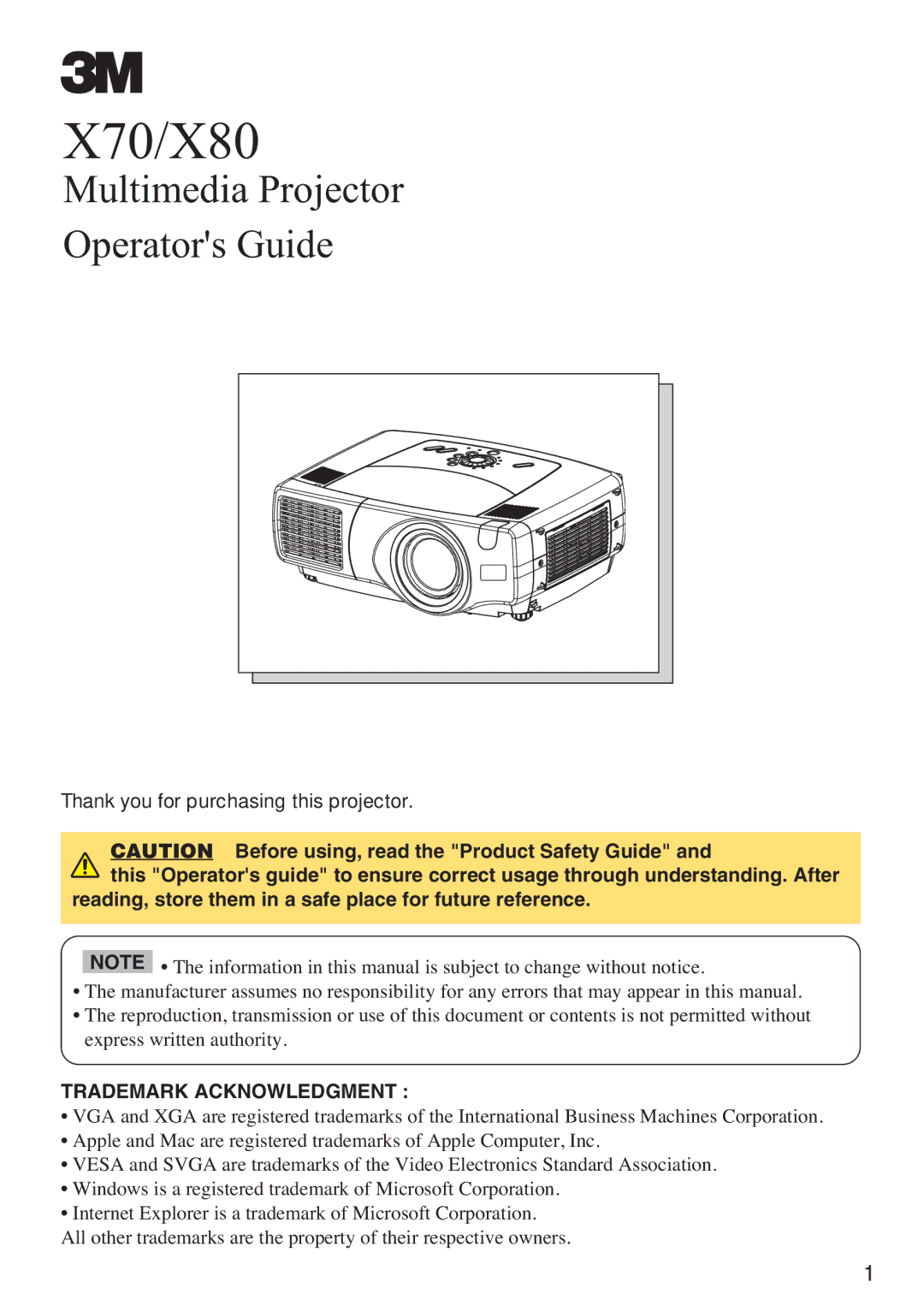 3M manual X70/X80, Thank you for purchasing this projector 