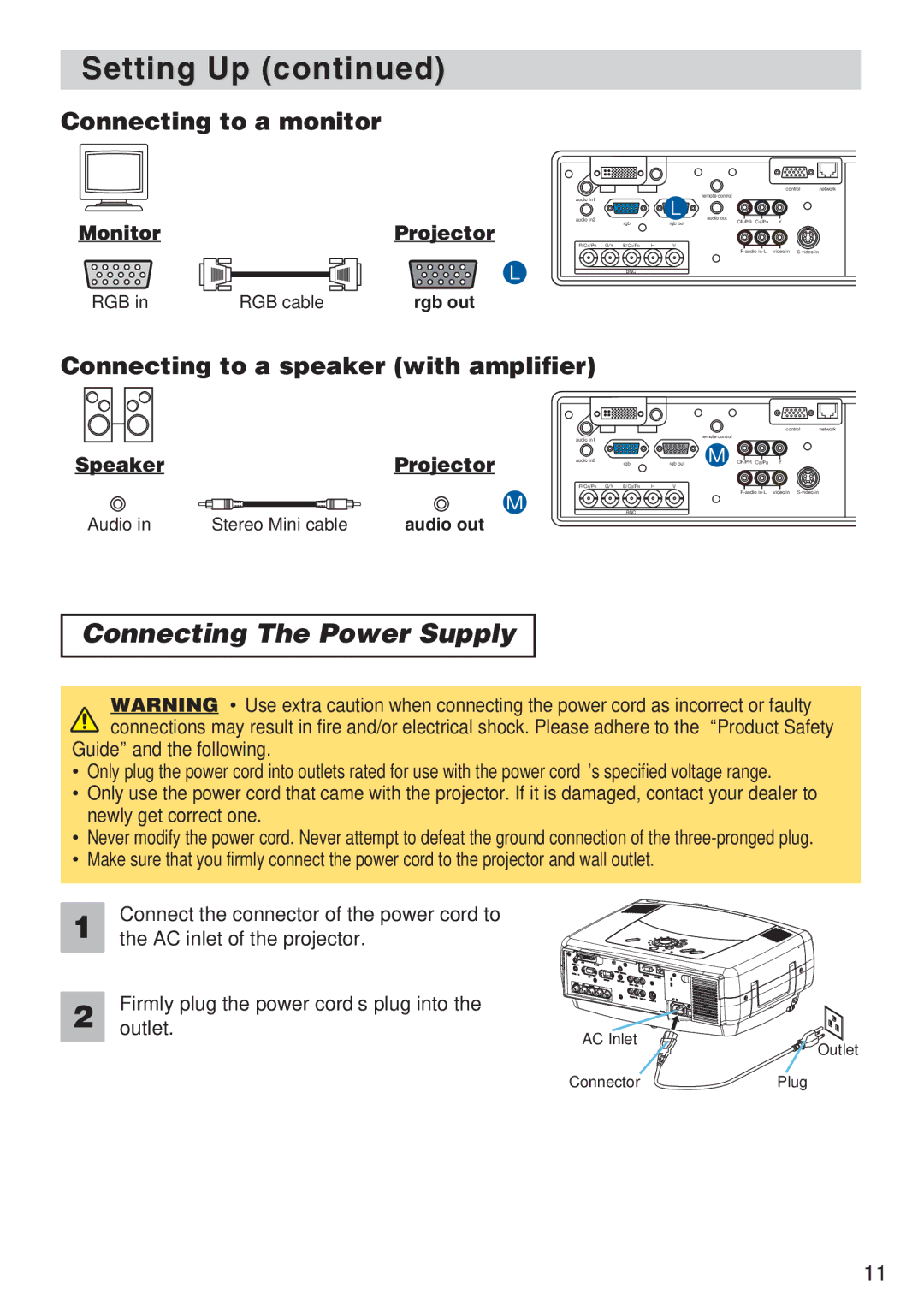 3M X70, X80 manual Connecting The Power Supply, MonitorProjector, SpeakerProjector, Guide and the following 