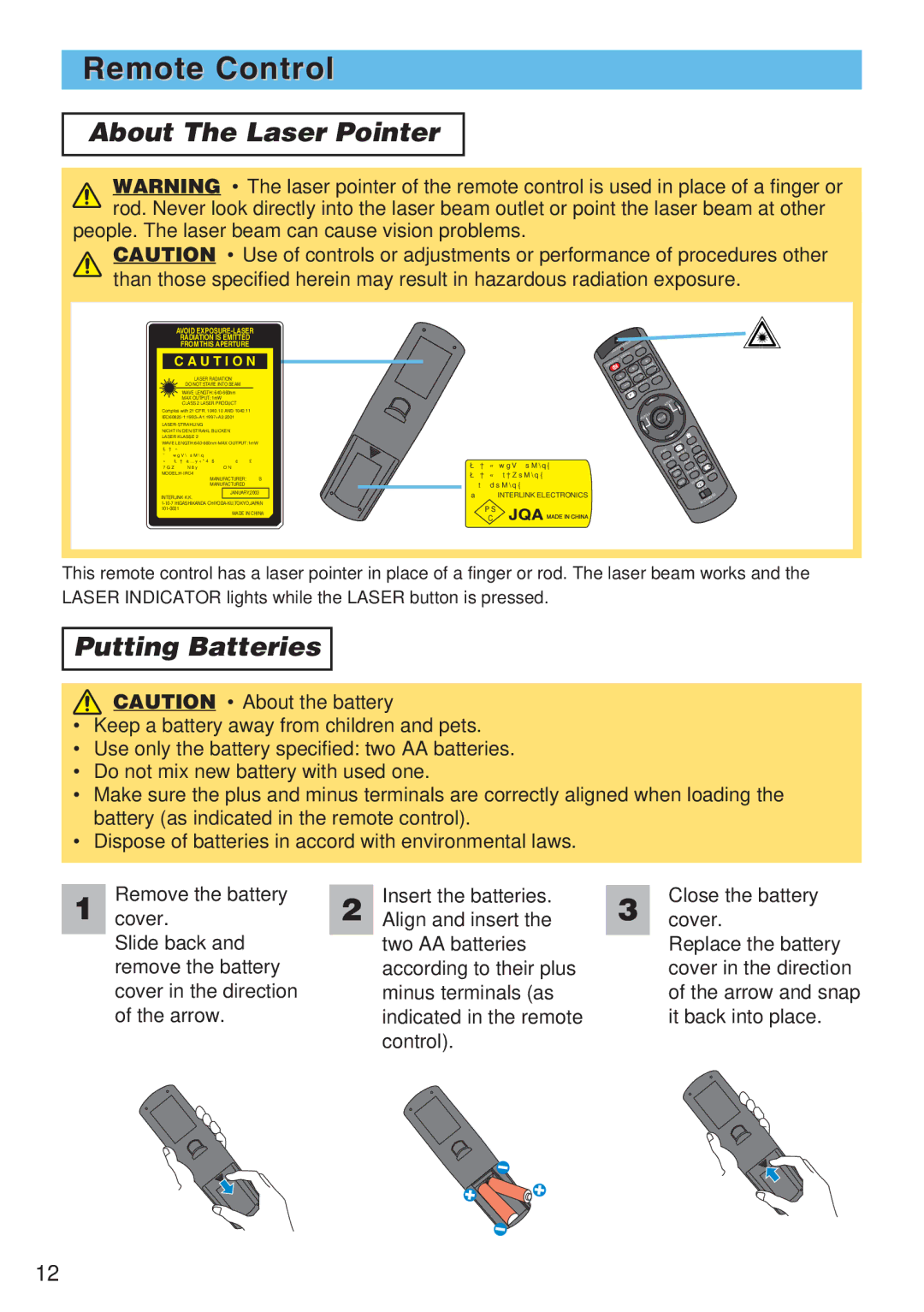 3M X80, X70 Remote Control, About The Laser Pointer, Putting Batteries, People. The laser beam can cause vision problems 