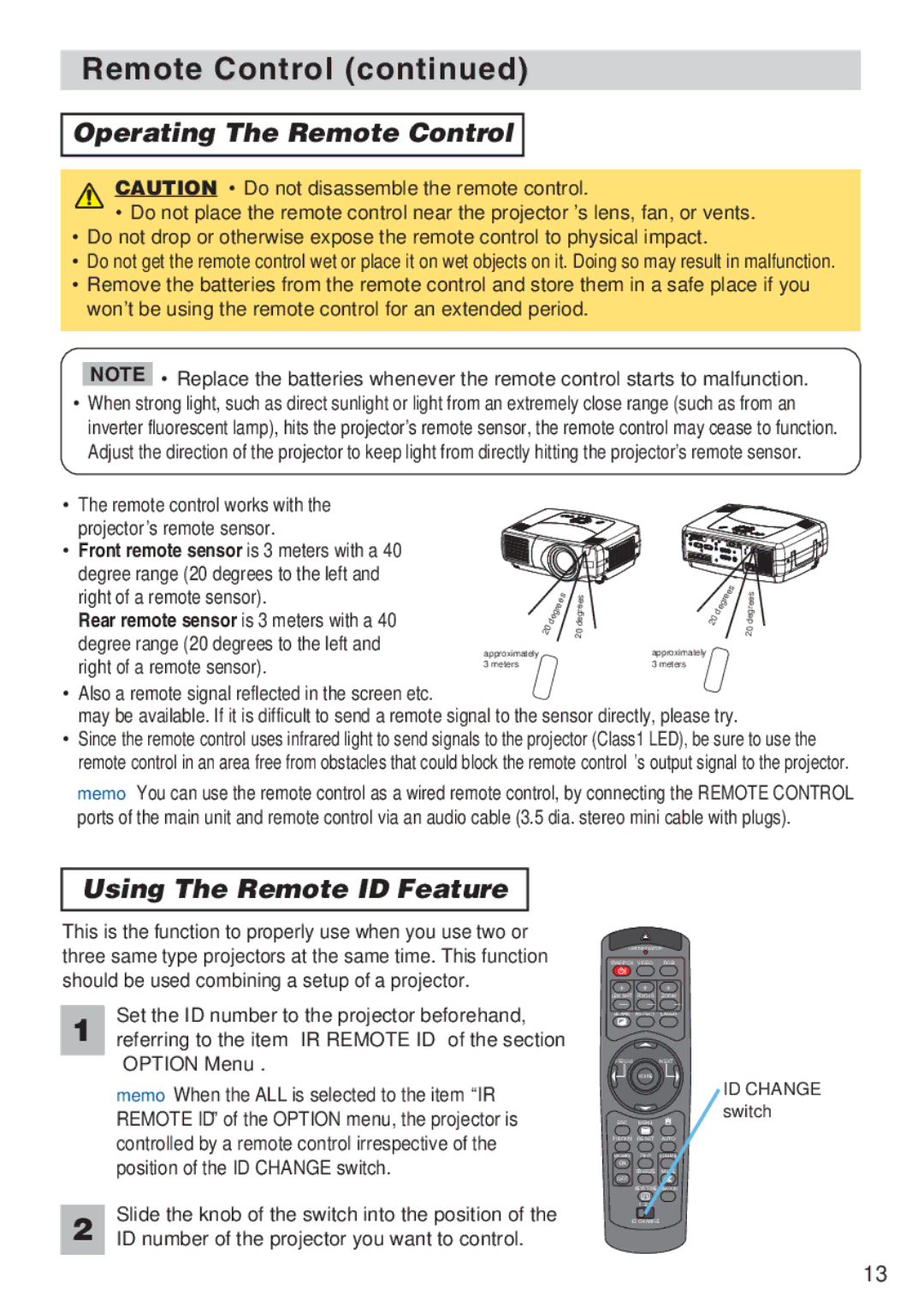 3M X70, X80 manual Operating The Remote Control, Using The Remote ID Feature 