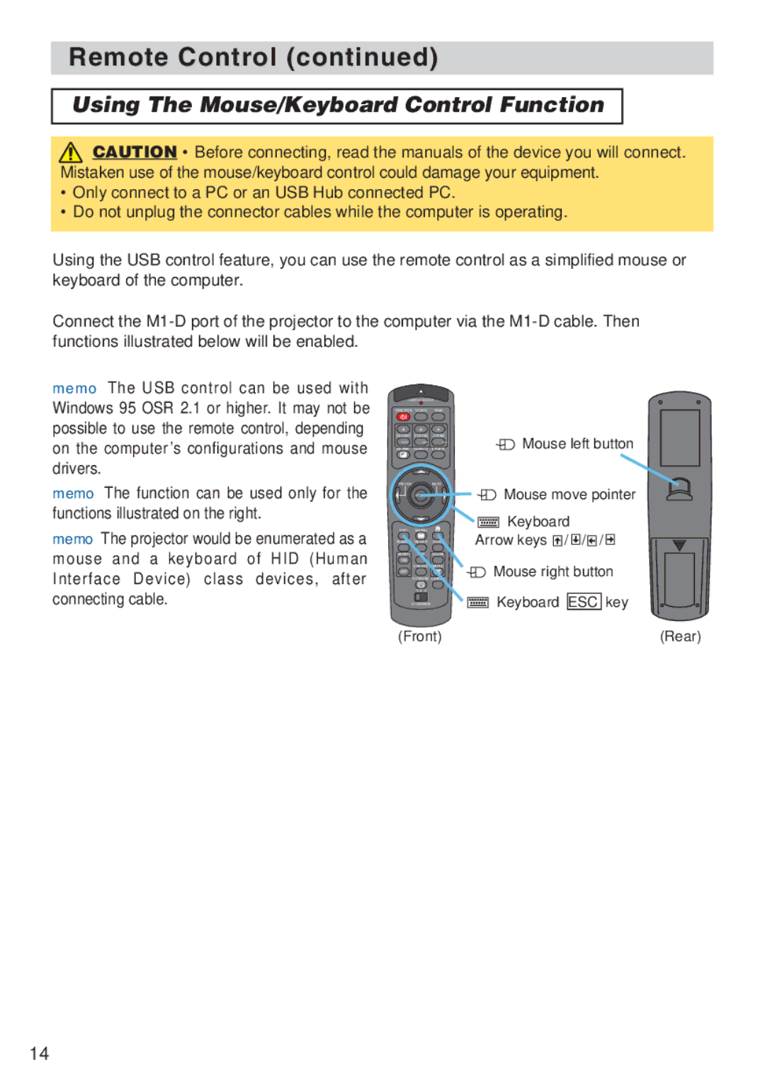 3M X80, X70 manual Using The Mouse/Keyboard Control Function 